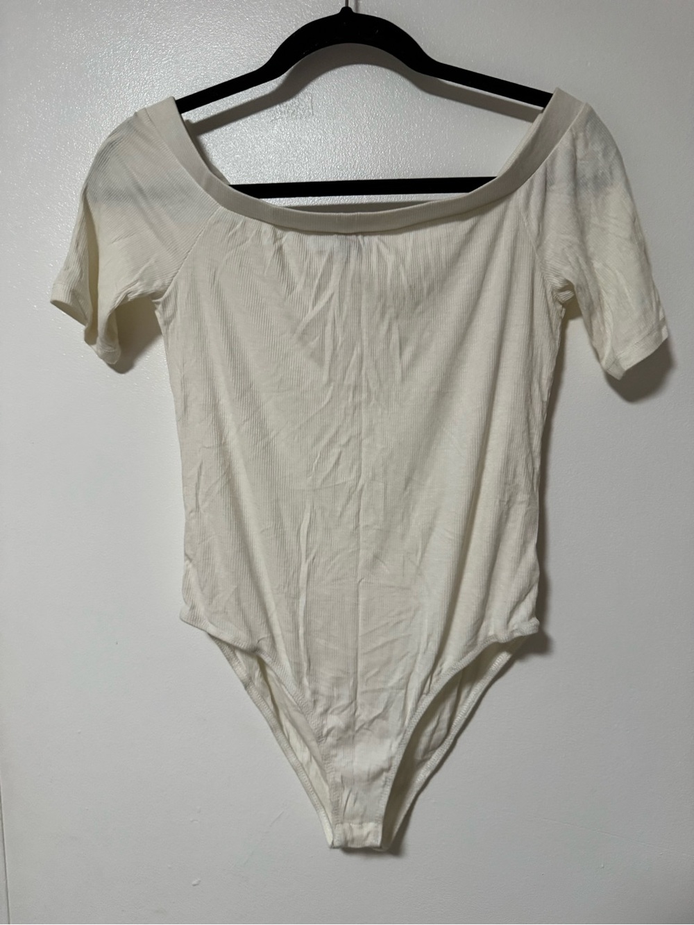 Ambiance Cream Ribbed Off-Shoulder Short Sleeve Bodysuit